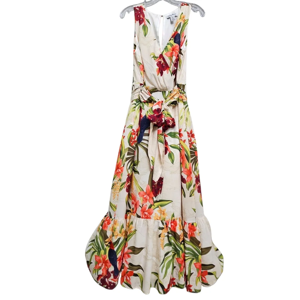 Tommy Bahama Tropical  Nwot V Neck Ruffle Hem Sleeveless Resortwear Mididress_2